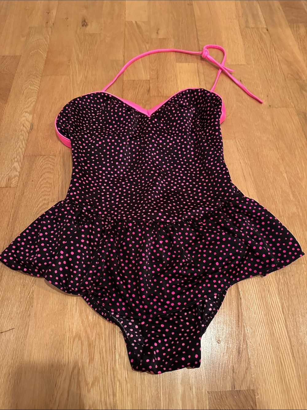 Black Swimsuit with Hot Pink Polka Dots and Skirted Hem